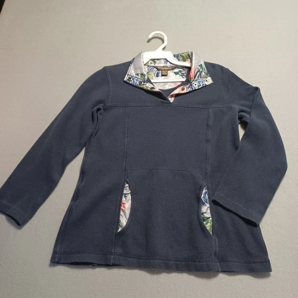 Tommy Bahama‎ Womens XS Navy Blue Fleece Snap Mock Neck Tropical Floral Pullover